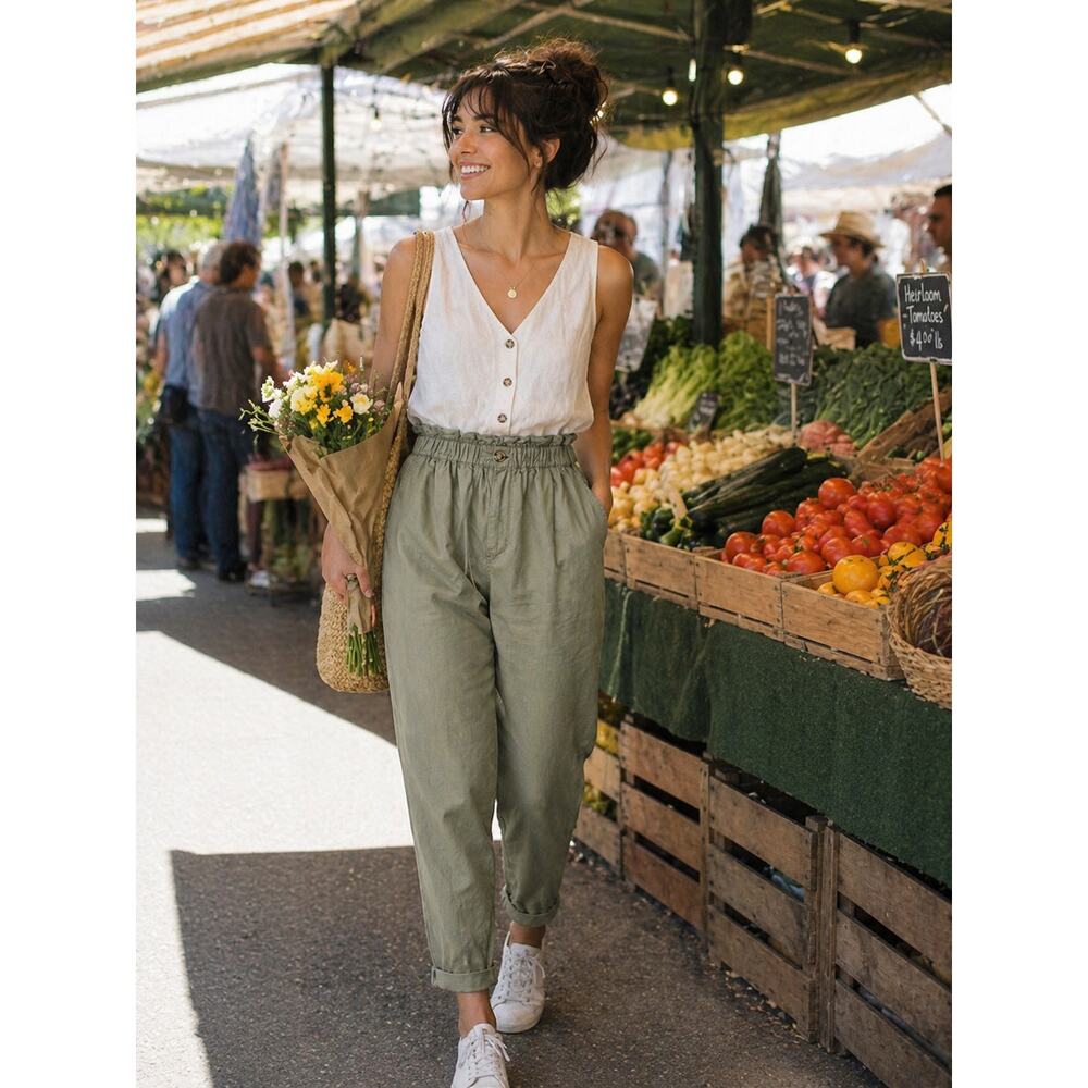 Oliver Bonas Paperbag Tapered Pants Olive Sage Green Size 8 Pockets